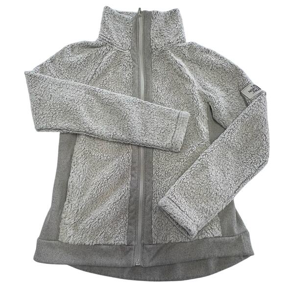 North Face Jacket Womens Small Grey Cream Sherpa Fleece Zip High Collar Outdoor - Picture 1 of 7